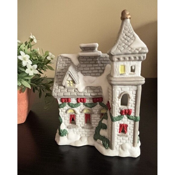 Ceramic Christmas Church Tea Light Candle Trees snow Accents 5.25" Tall Preowned - Picture 8 of 8